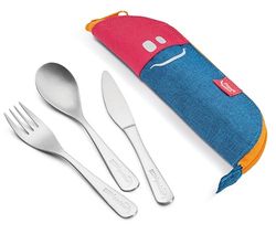 Maped Picnik Concept Kids - Funda con Cubiertos de Acero Inoxidable, Tenedor, Cuchillo y Cuchara pequeña para niños, Funda de Tela Rosa