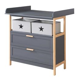 roba Cambiador Cómoda de Madera Berlin con 2 Cajones - Tapa Cambiador Extraíble - Compartimento Abierto con 2 Cajas Incluidas - Antracita/Bambú