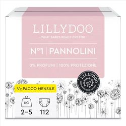 LILLYDOO Pannolini delicati sulla pelle, taglia 1 (2 – 5 kg), scatola mezza mese (112 pannolini) (FSC Mix)