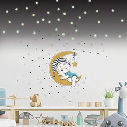 Muurstickers voor kinderen, decoratie voor babykamer, muursticker voor kinderen, motief: schattige beer op de maan en 100 sterren (120 x 120 cm) + 100 heldere sterren