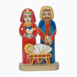 Figurine in legno della Sacra Famiglia, altezze 5,5" e 4,5", dipinti vivacemente (rosso audace), presepe natalizio (White, Art Deco)