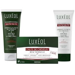 LUXÉOL - Pack 3 Produits Cheveux - Chute De Cheveux - Complément Alimentaire Réactionnelle 90 Gélules (3 mois) + Shampooing & Après-Shampooing Antichute 200ml - Fabriqués En Europe