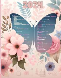 Women's coding-themed 8.5 x 11-inch planner featuring a butterfly made of code in blue hues against a floral background in pink and beige. An elegant ... women in tech: Empowering Code and Elegance