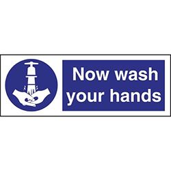 Panneau signalétique de sécurité avec symbole Now Wash Your Hands 90 x 230 mm