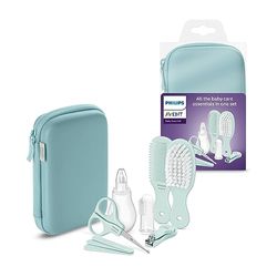 Philips Avent Set per la cura del bambino con tagliaunghie, forbici, limette per unghie, pettine, spazzola per capelli, aspiratore nasale e spazzolino da denti applicabile sul dito (modello SCH401/00)