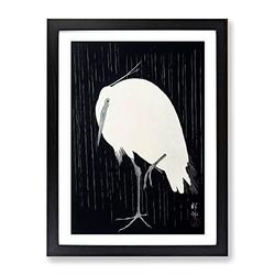 Egret In The Rain By Ohara Koson Asian Japanese Framed Wall Art Print, Ready to Hang Picture for Living Room Bedroom Home Office Décor, Black A4 (34 x 25 cm)