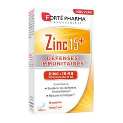 Forté Pharma – Zinc 15+ | Zinc bisglycinate 15 mg + Vitamines B2 & B6 - Anti fatigue - Complément Alimentaire Défenses Immunitaires Dosage maximal | 60 comprimés, 1/jour, 2 mois