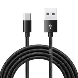 Waytex USB C 3.1 till USB-kabel för laddare och data, längd 2,00 m, typ C hankontakt, typ A hankontakt, svart anti-brott nylonhölje för iPhone, iPad, Samsung och alla enheter med C-uttag