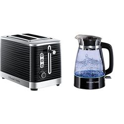 Russell Hobbs 24371 Inspire High Gloss Plastic Two Slice Toaster, Black & 26080 Hourglass Cordless Electric Glass Kettle - Artisan Inspired Design, 1.7 Litre, 3000 Watt