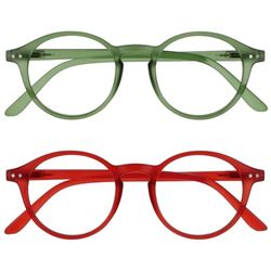 OPULIZE REY Occhiali da Lettura - Pacco da 2 - Montatura Rotonda Retro - Verde Opaco, Rosso - Uomo Donna - Cerniere a Molla - RR56-6Z - +2.00