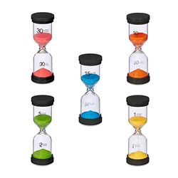 Relaxdays Clessidra, Set 5 Timer Cucina 1, 5, 10, 15, 30 Minuti, 16 x 5,5 cm Orologio per Bambini, Colorato, 40% plastica Vetro 30% Sabbia