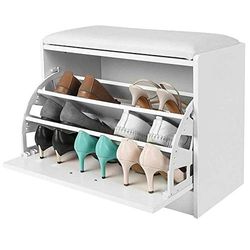 BAKAJI Banco Zapatero para Zapatos de Madera con Puerta abatible, Triple Profundidad y Asiento de Cuero ecológico, baúl de 60 x 30 x 48 cm (Blanco)