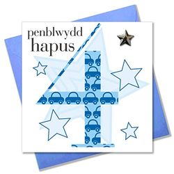Claire Giles Greeting Cards, Welsh Happy 4th Birthday Card, Penblwydd Hapus, Age 4 Boy Blue Birthday Greeting Card, Embellished with a Padded Star