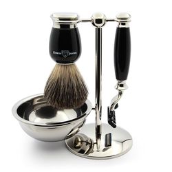 Edwin Jagger S81M586BAMZ Imitation Ebony & Nickel Classic Shaving Set with Pure Badger Shaving Brush, Mach 3 Razor and Shaving Bowl for Shaving Cream or Soap for Men and Women