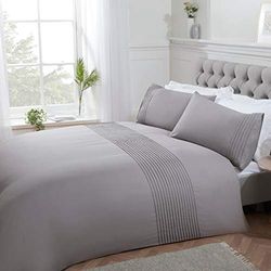 Sleepdown Pintuck Pleated Striped Panel Silver Luxury Easy Care Soft Cosy Duvet Cover Quilt Bedding Set with Pillowcases - Super King (220cm x 260cm)