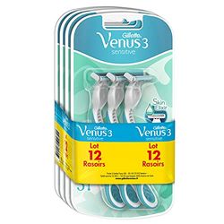 Gillette Simply Venus 3 Sensitive Rasoirs Jetables Femme Bande Lubrifiante Skin Elixir, Lot de 12 (3 x 4) Peaux Sensibles, Avec 3 Lames Qui Epousent Les Courbes [OFFICIEL]