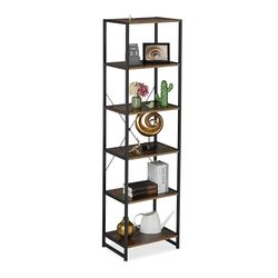 Relaxdays boekenrek, HxBxD: 180 x 50 x 35 cm, 6 etages, industrieel, opbergrek voor woonkamer, keuken, hal, zwart/bruin