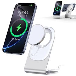 Draadloze Oplader Compatibel met Magsafe-oplader voor iPhone 15/14/13/12 met 15W USB C-lichtnetadapter, Magnetic Stand Lite, Magnetische Inductielader, Snel Draadloos Opladen voor iPhone - Zilver