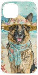 German Shepherd Dog in Summer Beach Hat and Scarf Case for iPhone 15 Plus