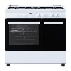 Svan Cocina Gas Butano 5 Zonas de Cocción, Horno 55 L, Blanco SKGW5901PB. Control Manual, Quemador WOK triple llama, 2 Programas, Compartimento Bombona, Cristal en Puerta de Doble Capa, Tapa Abatible