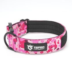 TSPRO Premium Collare per Cani, Regolabile Collare Tattico con Patch e una Robusta Fibbia Metallica a Sblocco Rapido, per Cani di Taglia Media a Grande (Camo Rosa M)