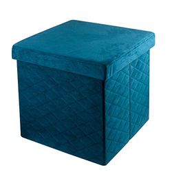 Baroni Home Pouf Cubo Contenitore Pieghevole in Velluto, Poggiapiedi Imbottito Porta-Oggetti, Sgabello Contenitore per Camera e Salone, Pouf Salvaspazio, 38x38x38 cm, Blu Petrolio