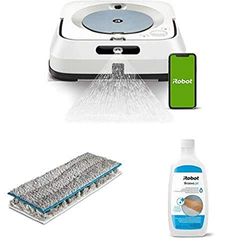 irobot Braava Jet m6 avec Lot de 2 lingettes (1x Lavage Sec & 1x Lavage Humide) et Liquide de Nettoyage