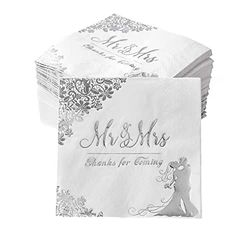 Silver 100 Pcs Mr and Mrs Wedding Napkins for Reception, Cocktail, Disposable for Engagement, Bridal Shower Party Decorations