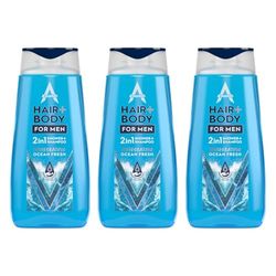Astonish Invigorating 2 in 1 Shower + Shampoo for Men, Cleanse and Nourish, Ocean Fresh, 3 x 400ml