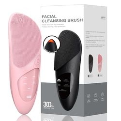 Facial Cleansing Brush Silicone Face Massager Brush Face Exfoliator with for All Skin Types and Waterproof Sonic Vibrating Face Scrubber Brush for Deep Cleansing, Exfoliating and Eye Massaging - Pink