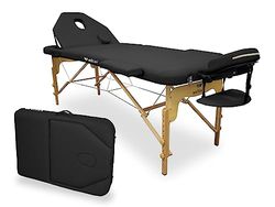WELLCORE inklapbare massagetafel, met inklapbare rugleuning, van hout, van kunstleer, 195 x 70 cm, in hoogte verstelbaar, afneembare hoofdsteun, gezichtsgat, kleur zwart, tot 225 kg