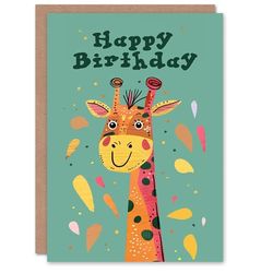 Artery8 Birthday Card Happy Giraffe Head Cute Animal Drawing For Child Kids Son Daughter Greeting Card