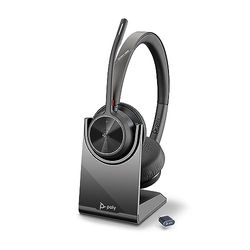 Poly Voyager 4320 UC, Cuffia Senza Filo, Connessione Bluetooth 5.1 e Dongle USB-C BT700, Cuscinetti in Similpelle, Autonomia 24 Ore, Base per Ricarica, Compatibile con Windows 10 e macOS, Nero