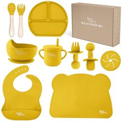 Yum Yum's Baby 10 Pcs Yellow Weaning Set - Complete Toddler Feeding Kit w/Sectioned Plate, Suction Bowls, Cutlery with Mouth Guard, Straw Cup, Bib & Mat - Non-Slip - for Toddlers & Baby Gift