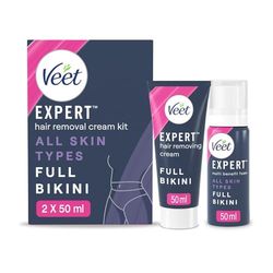 Veet Expert Hair Removal Cream Kit, Full Bikini, All Skin Types, Hair Removal Cream & Multi Benefit Foam, 2 x 50ml each, With Shea Butter