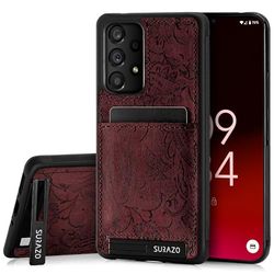 SURAZO Premium echt lederen achterhoes voor Samsung Galaxy A53 5G, stootvast leren telefoonhoes met kaartsleuf, standfunctie, sleutelring, florale slim bumper beschermhoes (bordeauxrood)