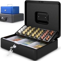 ACROPAQ Lockable Cash Box - Cash Box with Coin Counting Board, Large 24 x 30 x 9 cm - Lockable Box, Cash Box, Money Box Suitable for Money Storage - Black - 10005K