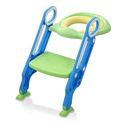 HENGMEI HM-VC-HAG1243BG Toiletbril voor kinderen, met trap, inklapbare potjestrainer, toilettrainer, toilettrainingsstoel, in hoogte verstelbaar 38-42 cm, voor kinderen van 1-7 jaar, blauw en groen
