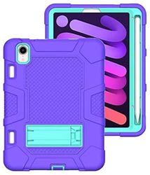 iPad mini6 2021 Case with Stand, Heavy Duty Shockproof Hard Hybrid Triple Layer Protective Case Softshell Apple Tablet Silicone Case (Purple+Mint Green)