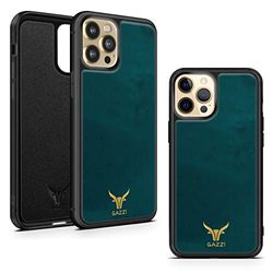 GAZZI Ultimo - Custodia per Apple iPhone 13, in vera pelle, protezione completa, flessibile (nubuck petrolio oro)