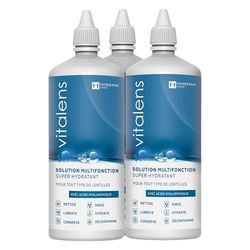 VITALENS - Soluzione multifunzione per qualsiasi tipo di lenti a contatto - 6 in 1: decontamina, pulisce, risciacquo, deproteinizza, lubrifica, conserva, idrata - acido ialuronico - 3 x 360 ml