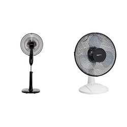 Amazon Basics Height & Tilt Angle Adjustable Oscillating Digital Dual 3-Blade 3-Speed Standing Pedestal Fan with Remote Control, Black & 3-Speed Oscillating 20 inch Table Desk Fan, 40 Watts, Black