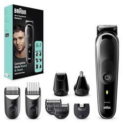 Braun REGOLABARBA STYLING KIT, Tagliacapelli Uomo, Rasoio Elettrico Barba e Capelli, 8-In-1 per Barba, Capelli, Naso e Orecchie, 80 Minuti Di Utilizzo Senza Fili, MGK3440