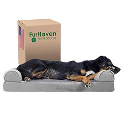 Furhaven Large Memory Foam Dog Bed Faux Fur & Velvet Sofa-Style w/Removable Washable Cover - Smoke Gray, Large