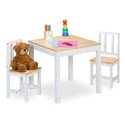 Relaxdays Ensemble de 3 sièges pour Enfant, Table et 2 chaises, pour Fille et garçon, Coin Salon pour Chambre d'enfant, Blanc/Naturel