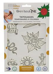 GRIM'TOUT – Tatuajes temporales para colorear – Tradicional – Patrones clásicos para personalizar – Actividad creativa para todos