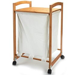 MSV 140641 Panier à Linge avec Roulettes/Plateau Bambou/Laqué Nitrocellulose/Toile Ecru 45 x 41 x 73 cm