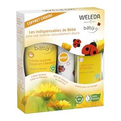 WELEDA - Coffret Bébé – Crème pour Change & Crème Lavante Corps et Cheveux – Peau Douce & Soin Naturel NATRUE – 75 ml + 200 ml – Cadeau Bébé