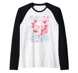 Kawaii Axolotl Boba Anime Axolotl Amorevole Bubble Tea Neko Maglia con Maniche Raglan