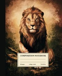 Composition Notebook College Ruled: Majestic Lion: Vintage Illustration of a Regal Lion in a Green Landscape